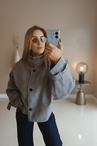 Oversize Balık Sırtı  Desen Dik Yaka Kaşe Kaban Astarlı