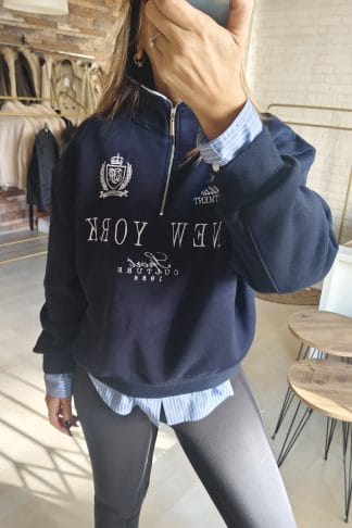 New York Nakışlı Şardonlu 3 İplik Yarım Metal Fermuarlı Oversize Lacivert Sweatshirt