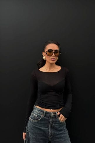 Transparan Kayık Yaka Modal Kaşmir Dokulu Siyah Bluz