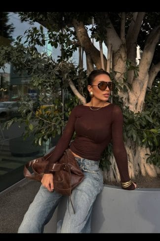 Transparan Kayık Yaka Modal Kaşmir Dokulu Kahverengi  Bluz