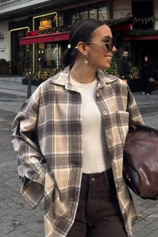 Yeni Sezon Oversize Kesim Oduncu Gömlek Kahverengi-Bej